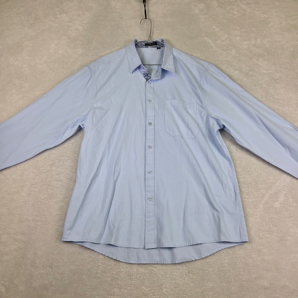 Hisdern Mens Light Blue Paisley Contrast Trim Button Down Shirt Size L 17